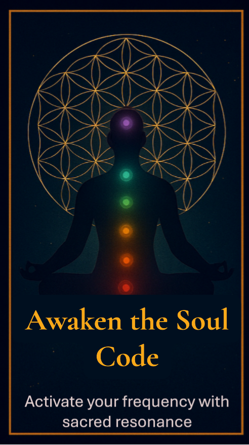 Awaken the Soul Code – Activate Your Sacred Frequency Silhouette with glowing chakras and Flower of Life pattern – soul code activation card from Authentic Potential